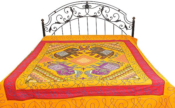 Ari Embroidered Bedcover from Gujarat with Patchwork Elephants