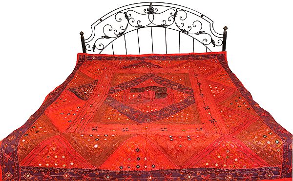 Crewel Embroidered Patchwork Bedcover from Kutch with Mirrors