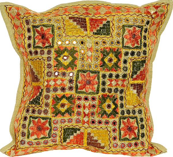 Cushion Cover from Jaipur with Embroidered Flowers and Mirrors
