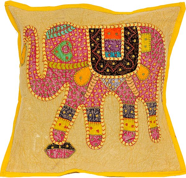 Misted-Yellow Stonewashed Cushion Cover from Jaipur with Applique Elephant