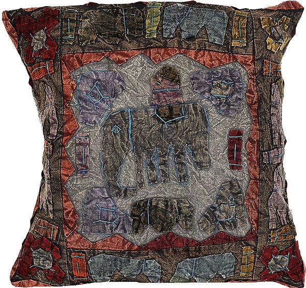 Cushion Cover with Applique Elephant and Kantha Embroidery