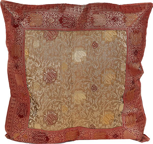 Red and Beige Banarasi Cushion Cover with Brocaded Flowers
