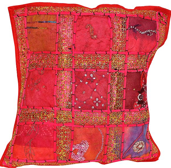 True-Red Cushion Cover from Jaipur with Patchwork and Golden Thread Embroidery