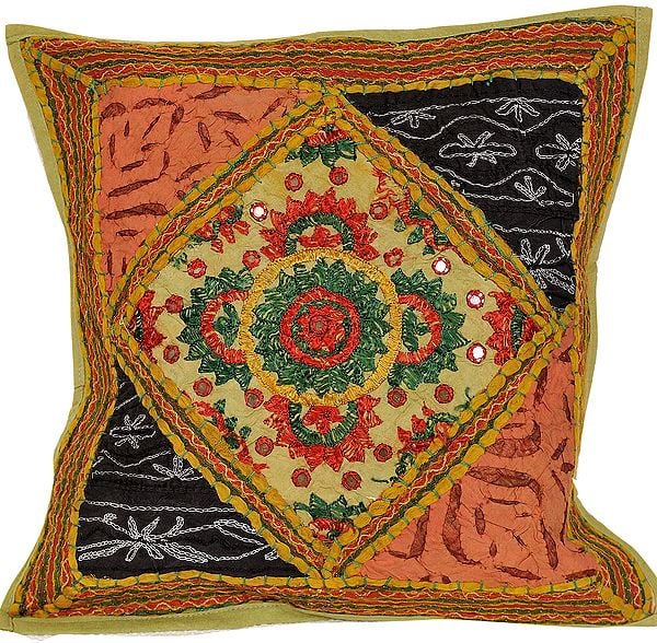 Stone-Green Cushion Cover with Patchwork and Mirrors