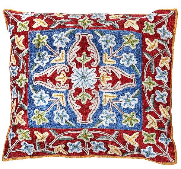Cushion Cover with Ari Embroidered Floral Motifs