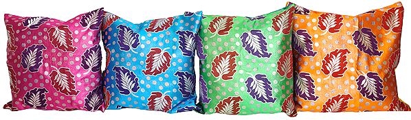 Lot of Four Brocaded Cushion Covers with Woven Leaves