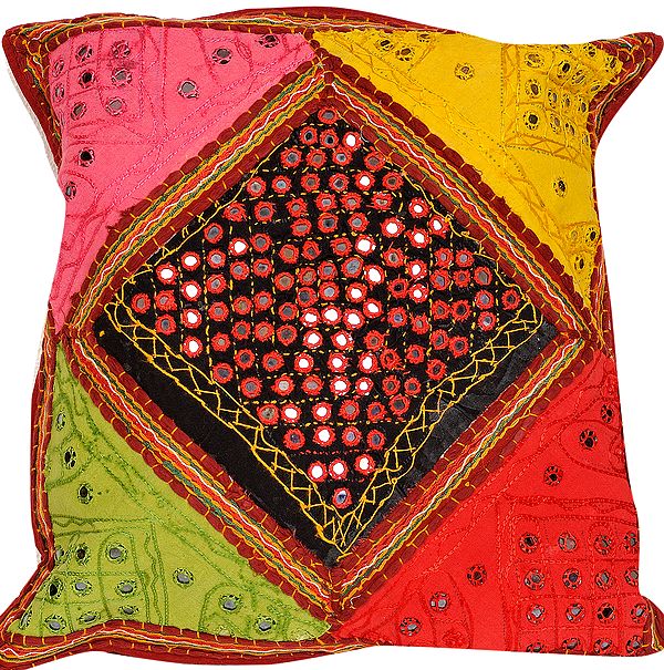 Multicolor Patchwork Cushion Cover from Jaipur with Kantha Embroidery and Mirrors