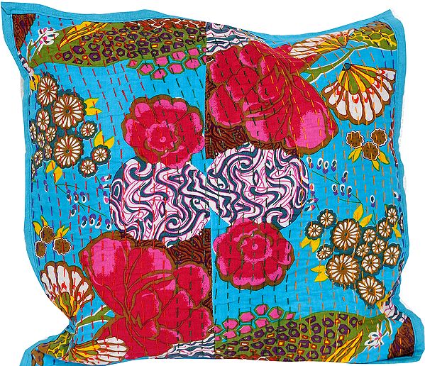 Horizon-Blue Cushion Cover with Printed Flowers and Kantha Stitch