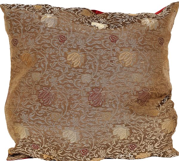 Breen-Gold Banarasi Cushion Cover with Woven Flowers