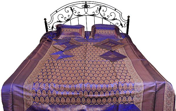 Seven-Piece Banarasi Bedspread with Woven Flowers and Brocade Border
