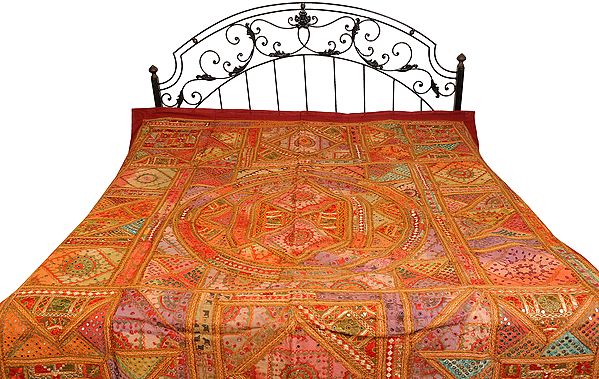 Multi-color Antiquated Kutch Mandala Bedspread with Embroidered Patches and Mirrors