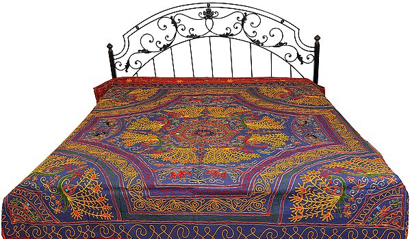 Gujarati Bedspread with Ari Embroidered Peacocks and Elephants