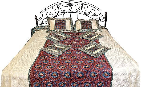 Seven-Piece Banarasi Bedspread with Embroidered Flowers