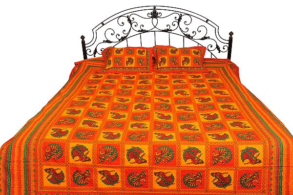 Orange-Yellow Printed Bedcover with Dancing Ladies and Kantha Stitch Embroidery