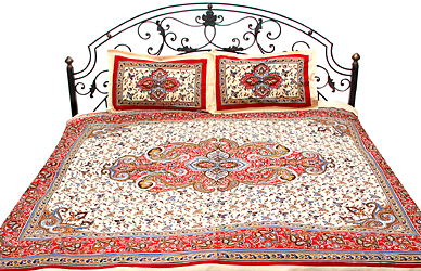 Cream and Red Bedspread from Pilkhuwa with Printed Paisleys and Flowers