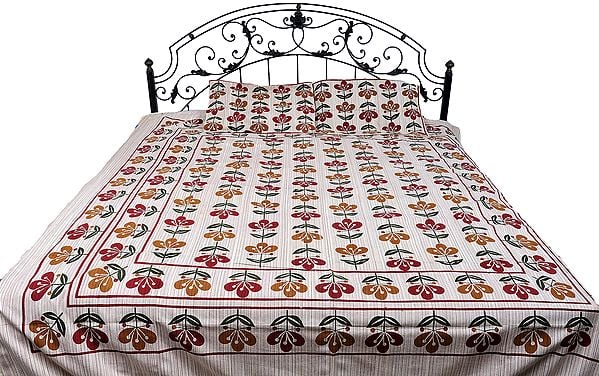 Cloud Cream Striped Bedspread from Pilkhuwa with Printed Flowers