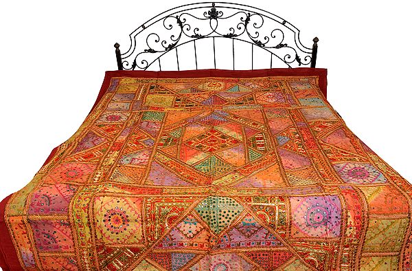 Multi-color Antiquated Bedspread from Kutch with Embroidered Patches and Mirrors