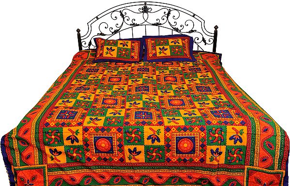 Multi-Color Sanganeri Bedspread with Printed Flowers and Kantha Stitched Embroidery