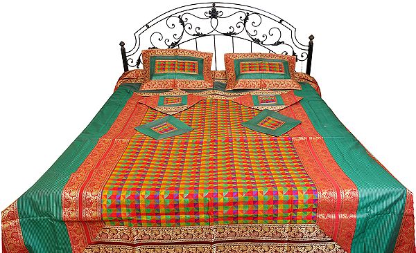 Seven-Piece Bedspread from Banaras with Multi-color Checks and Brocade Border