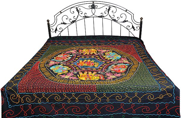 Gujarati Bedspread with Applique Elephants and Embroidered Sequins