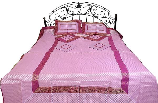 Pink-Lavender Seven-Piece Banarasi Bedspread with Woven Bootis and Brocade Border