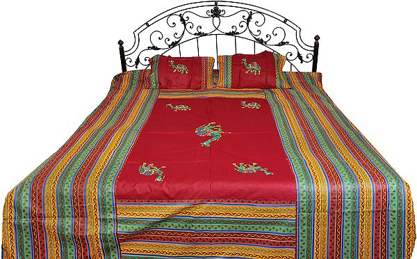 Cordovan-Red Gujarati Bedspread with Multi-Color Embroidered Camels