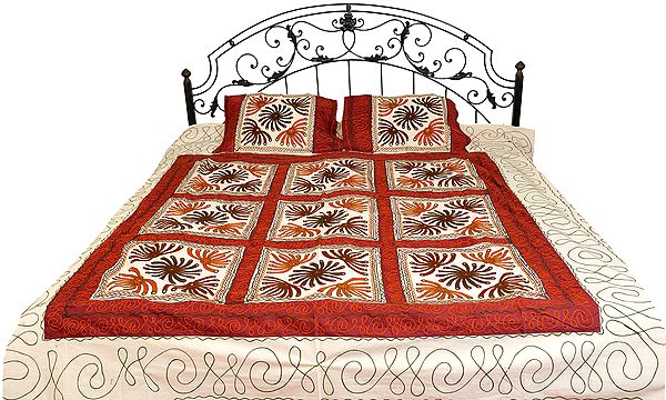 Winter-White and Ruby Bedspread from Gujarat with Embroidered Flowers