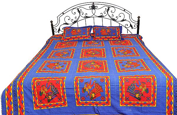 Dutch-Blue Sanganeri Bedspread with Printed Dancing Couples and Kantha Stitch
