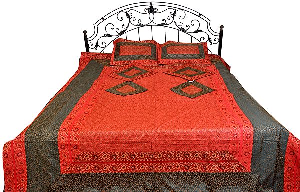 Recocco-Red Seven-Piece Banarasi Bedspread with Woven Leaves and Brocaded Border