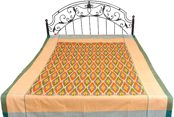Apricot-Cream Single-Bed Bedspread with Ikat Weave Hand-Woven in Pochampally