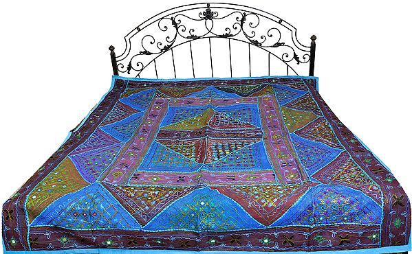 Multi-Color Crewel Embroidered Patchwork Bedcover from Kutch with Mirrors