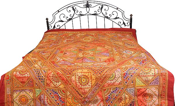 Multi-color Antiquated Bedspread from Kutch with Embroidered Mandala