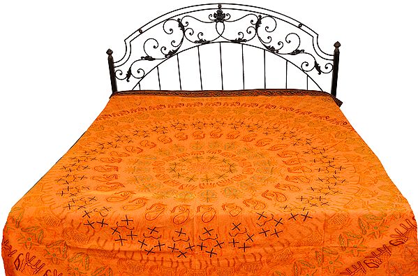 Cadmium-Orange Stonewashed Bedspread with Ari Embroidered Chakravyuh