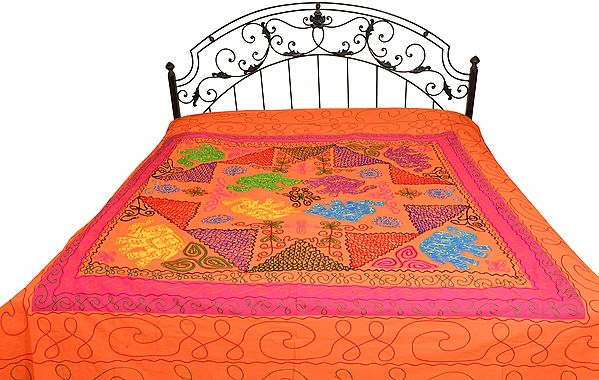 Gujarati Bedspread with Applique Elephants and Embroidered Sequins