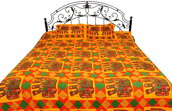 Radiant-Yellow Sanganeri Bedspread with Printed Elephants and Kantha Stitch