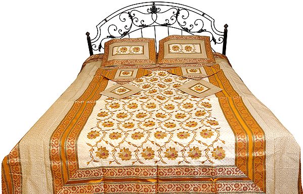 Snow White and Brown Seven-Piece Designer Banarasi Bedspread with Embroidered Flowers and Brocaded Border