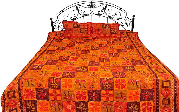 Multi-Color Printed Sanganeri Bedspread with Kantha Stitch