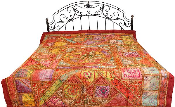 Multi-color Antiquated Bedspread from Kutch with Embroidered Mandala and Mirrors