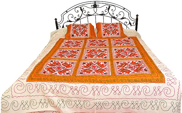 Ivory and Nugget Gujarati Bedspread with Embroidered Elephants and Mirrors
