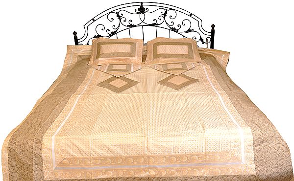 Pearled-Ivory Seven-Piece Banarasi Bedspread with Tanchoi Weave