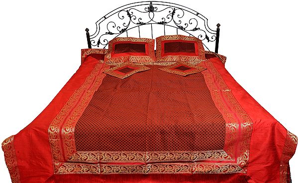Rococco-Red Five-Piece Banarasi Bedspread with Woven Paisleys on Border
