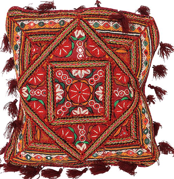 Maroon Cushion Cover from Kutch with Embroidered Flowers
