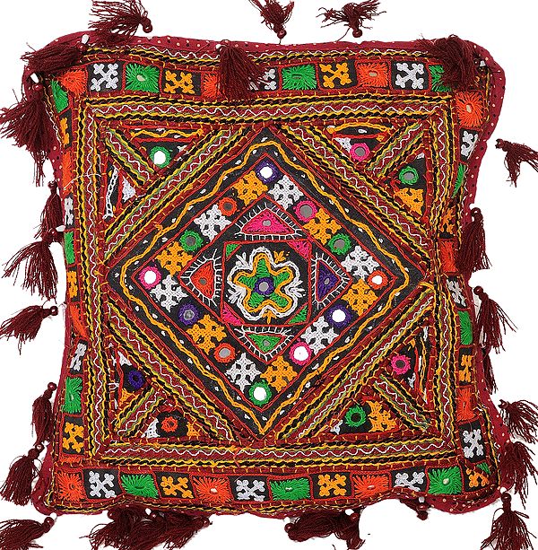 Cushion Cover from Kutch with Embroidery in Multi-Thread and Mirrors