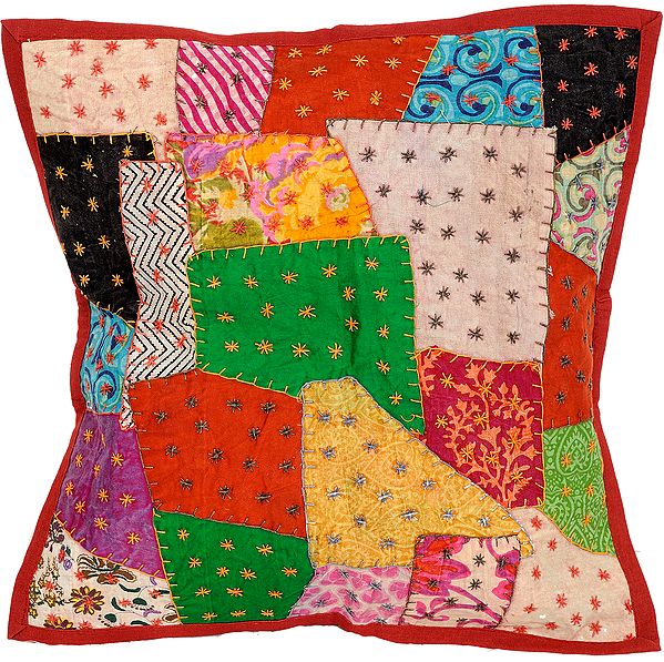 Cushion Cover with Floral Patches and Kantha Embroidery