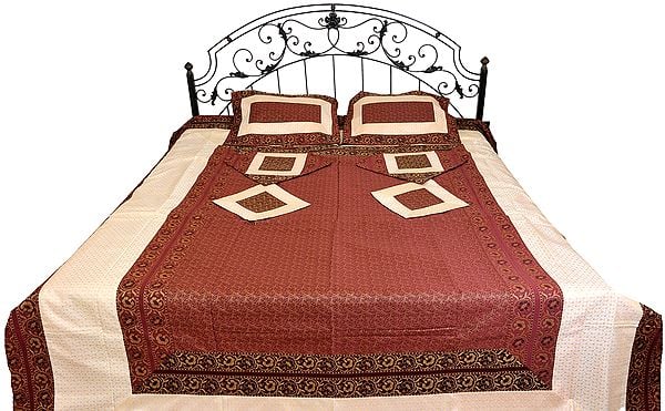 Maroon and Ivory Seven-Piece Bedspread from Banaras with Brocaded Border