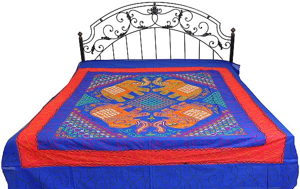 Dazzling-Blue Gujarati Bedspread with Applique Elephants and Embroidered Sequins
