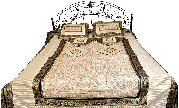 Ivory Seven-Piece Bedspread from Banaras with Brocaded Border and Tanchoi Weave