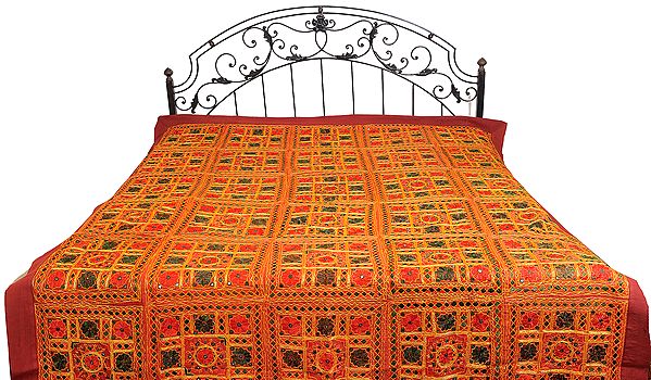 Mineral-Red Floral Embroidered Bedspread from Kutch with Mirrors