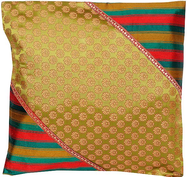 Moss-Green Cushion Cover from Banaras with Woven Bootis