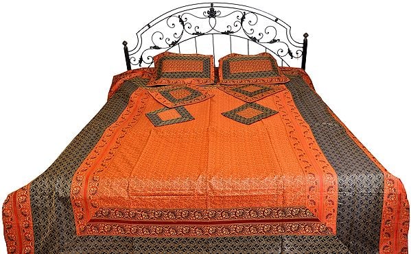 Copper-Coin Seven-Piece Brocaded Bedspread from Banaras with Tanchoi Weave